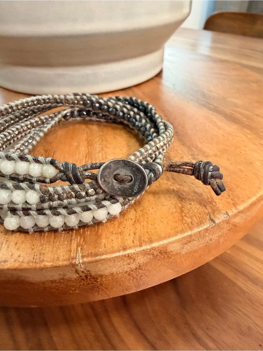 Chan Luu Wrap Bracelet Silver Tone and White Faceted Beads Gray and Brown